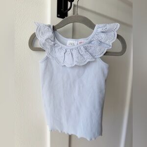 Zara Ruffled Tank Top With Swiss Embroidery in Baby Blue